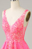 Afbeelding in Gallery-weergave laden, Fuchsia pailletten V hals rugloze korte homecoming jurk