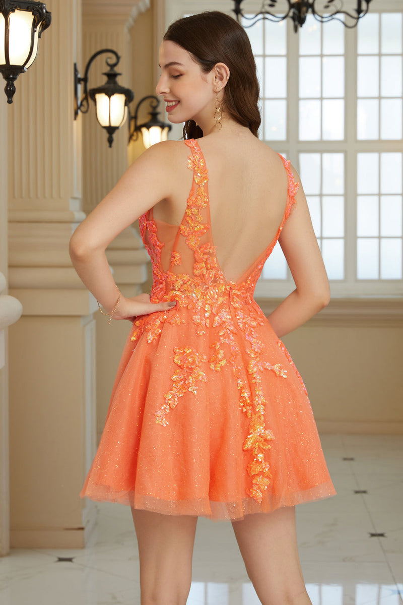 Afbeelding in Gallery-weergave laden, Fuchsia pailletten V hals rugloze korte homecoming jurk