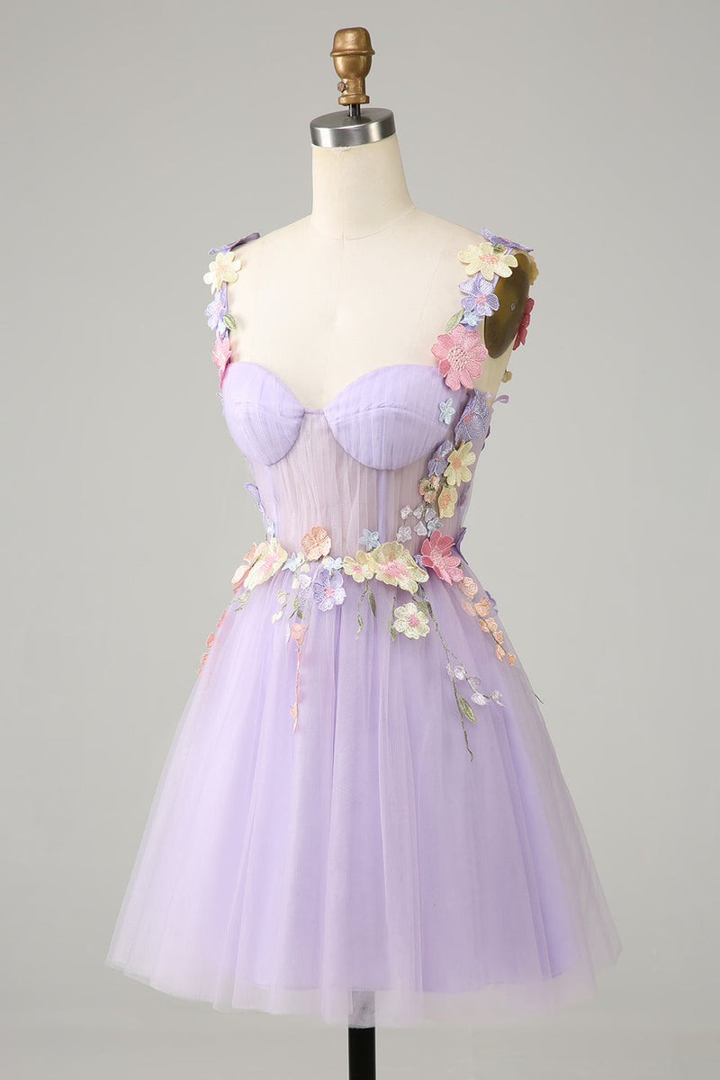 Afbeelding in Gallery-weergave laden, Paarse spaghetti bandjes tule homecoming jurk met 3D bloemen