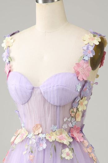 Paarse spaghetti bandjes tule homecoming jurk met 3D bloemen