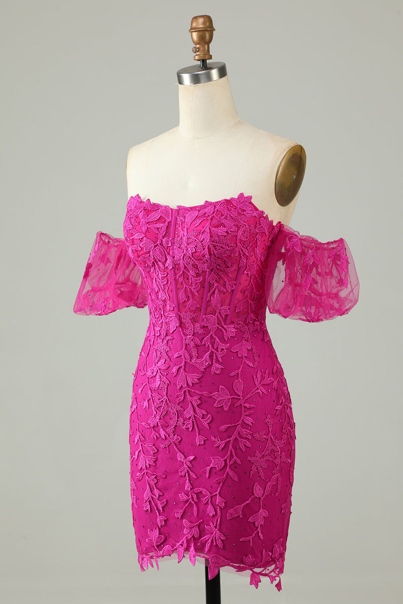 Afbeelding in Gallery-weergave laden, Fuchsia Off the Shoulder Bodycon Appliques Homecoming Jurk