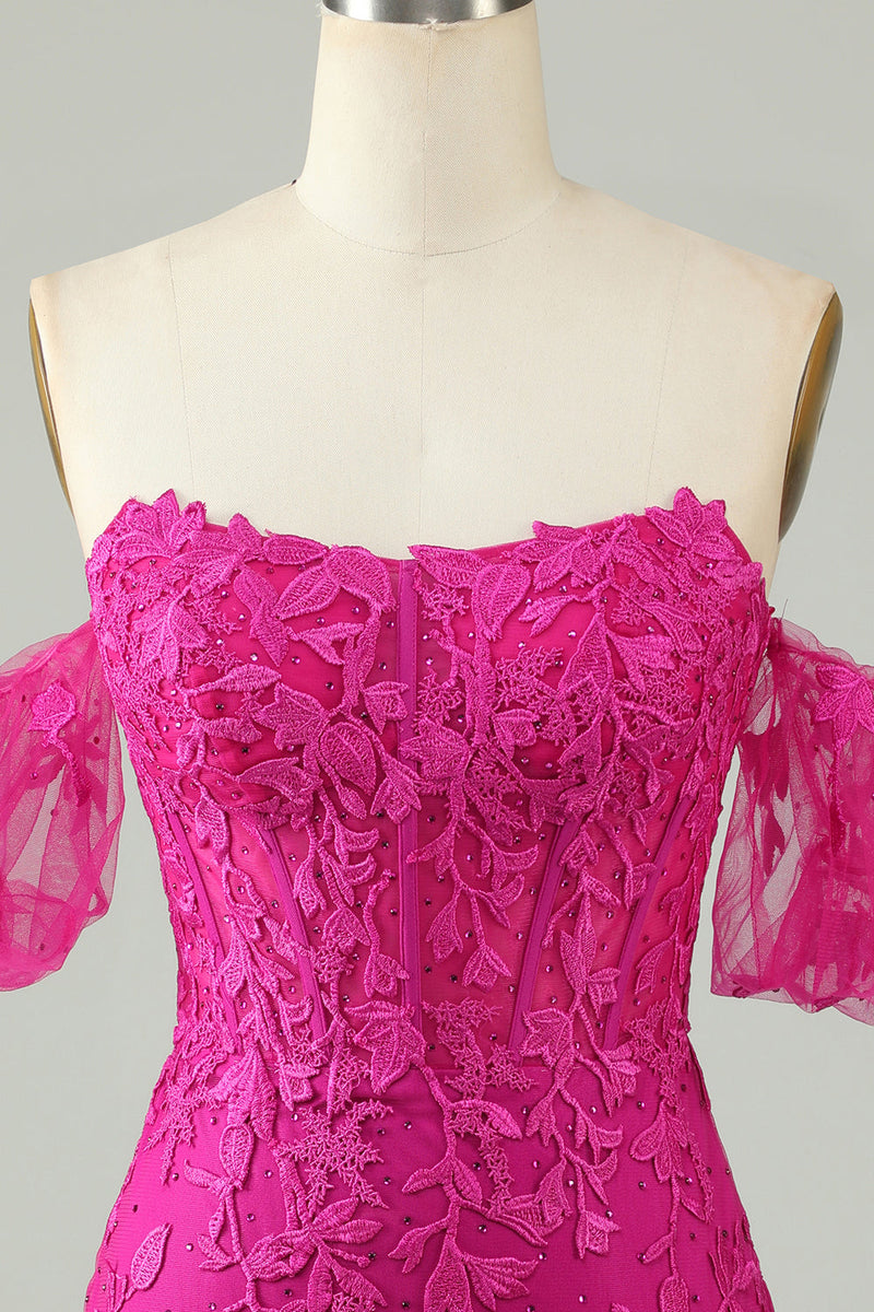 Afbeelding in Gallery-weergave laden, Fuchsia Off the Shoulder Bodycon Appliques Homecoming Jurk