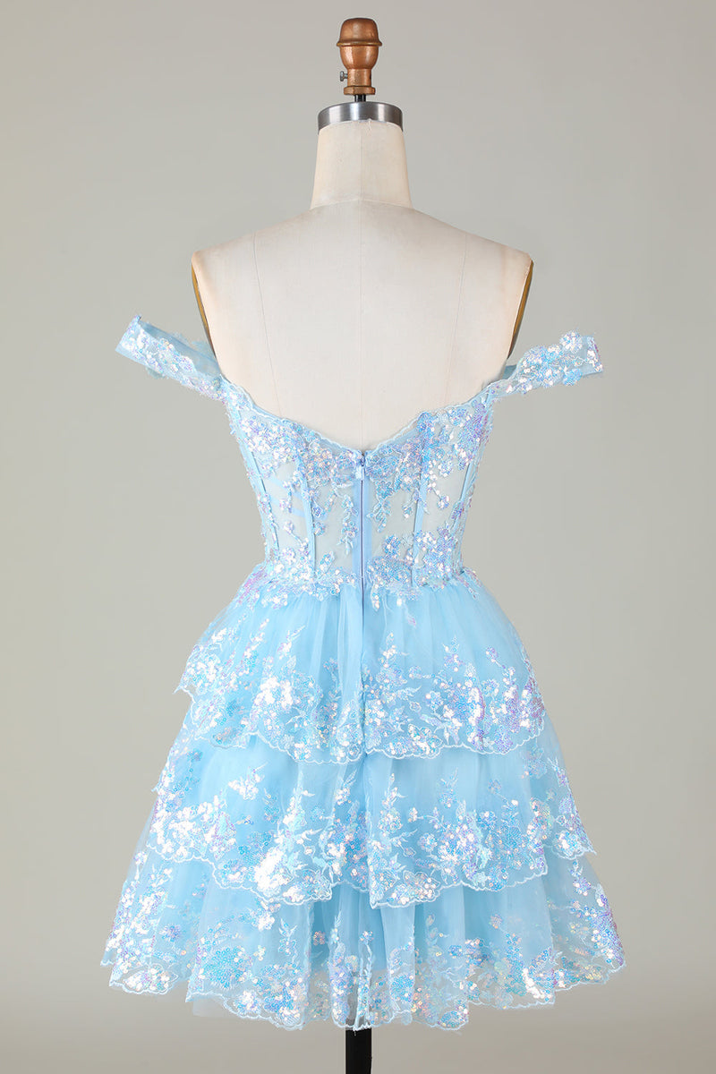 Afbeelding in Gallery-weergave laden, Sprankelende blauwe korset gelaagde kant A-lijn korte homecoming jurk