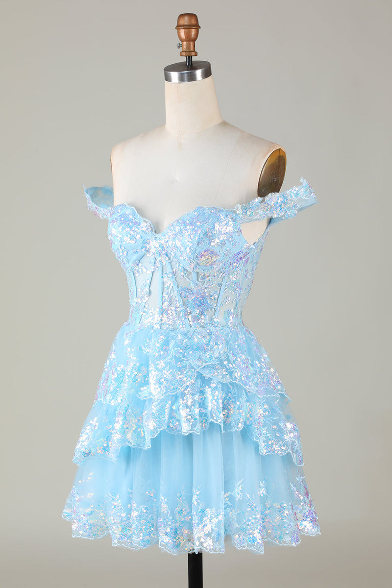 Afbeelding in Gallery-weergave laden, Sprankelende blauwe korset gelaagde kant A-lijn korte homecoming jurk