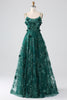 Afbeelding in Gallery-weergave laden, Glitter donkergroene spaghettibandjes Lace bloem lang korset Prom jurk