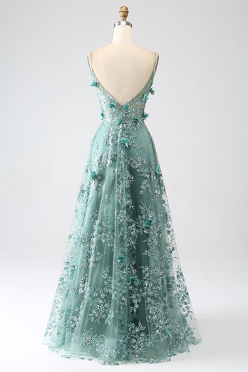Glitter donkergroene spaghettibandjes Lace bloem lang korset Prom jurk