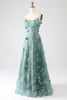 Afbeelding in Gallery-weergave laden, Glitter donkergroene spaghettibandjes Lace bloem lang korset Prom jurk