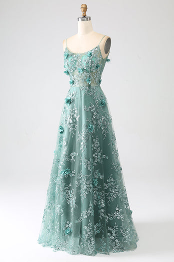 Glitter donkergroene spaghettibandjes Lace bloem lang korset Prom jurk