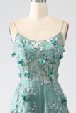 Glitter donkergroene spaghettibandjes Lace bloem lang korset Prom jurk