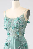 Glitter donkergroene spaghettibandjes Lace bloem lang korset Prom jurk