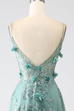 Glitter donkergroene spaghettibandjes Lace bloem lang korset Prom jurk