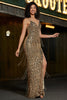 Afbeelding in Gallery-weergave laden, Sprankelende zeemeermin gouden lange franje Prom jurk met split