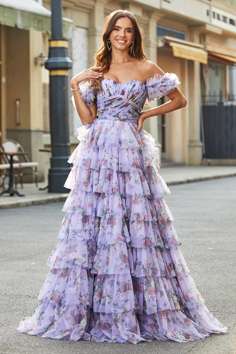 Afbeelding in Gallery-weergave laden, Prachtige A Line Off the Shoulder lavendel afgedrukt lange Prom jurk met ruches