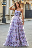 Prachtige A Line Off the Shoulder lavendel afgedrukt lange Prom jurk met ruches