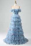 Prachtige A Line Off the Shoulder lavendel afgedrukt lange Prom jurk met ruches