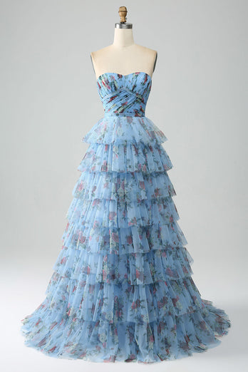 Prachtige A Line Off the Shoulder lavendel afgedrukt lange Prom jurk met ruches