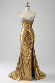 Gouden zeemeermin strapless lange galajurk met split