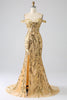 Afbeelding in Gallery-weergave laden, Sprankelende zeemeermin Off The Shoulder Champagne korset galajurk met split