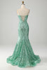 Afbeelding in Gallery-weergave laden, Sprankelende groene pailletten Lace-Up Back Lange zeemeermin Prom jurk met split