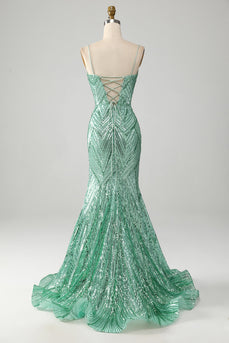 Sprankelende groene pailletten Lace-Up Back Lange zeemeermin Prom jurk met split
