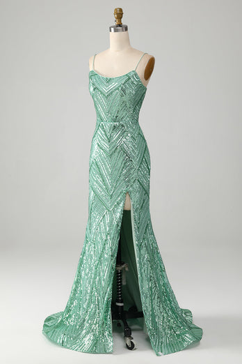 Sprankelende groene pailletten Lace-Up Back Lange zeemeermin Prom jurk met split