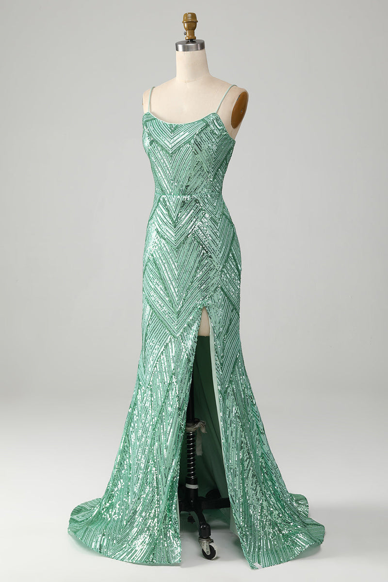 Afbeelding in Gallery-weergave laden, Sprankelende groene pailletten Lace-Up Back Lange zeemeermin Prom jurk met split