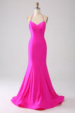 Fuchsia zeemeermin halterhals Backless lange galajurk