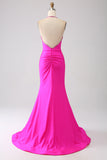 Fuchsia zeemeermin halterhals Backless lange galajurk