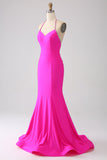 Fuchsia zeemeermin halterhals Backless lange galajurk