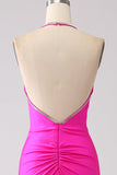 Fuchsia zeemeermin halterhals Backless lange galajurk