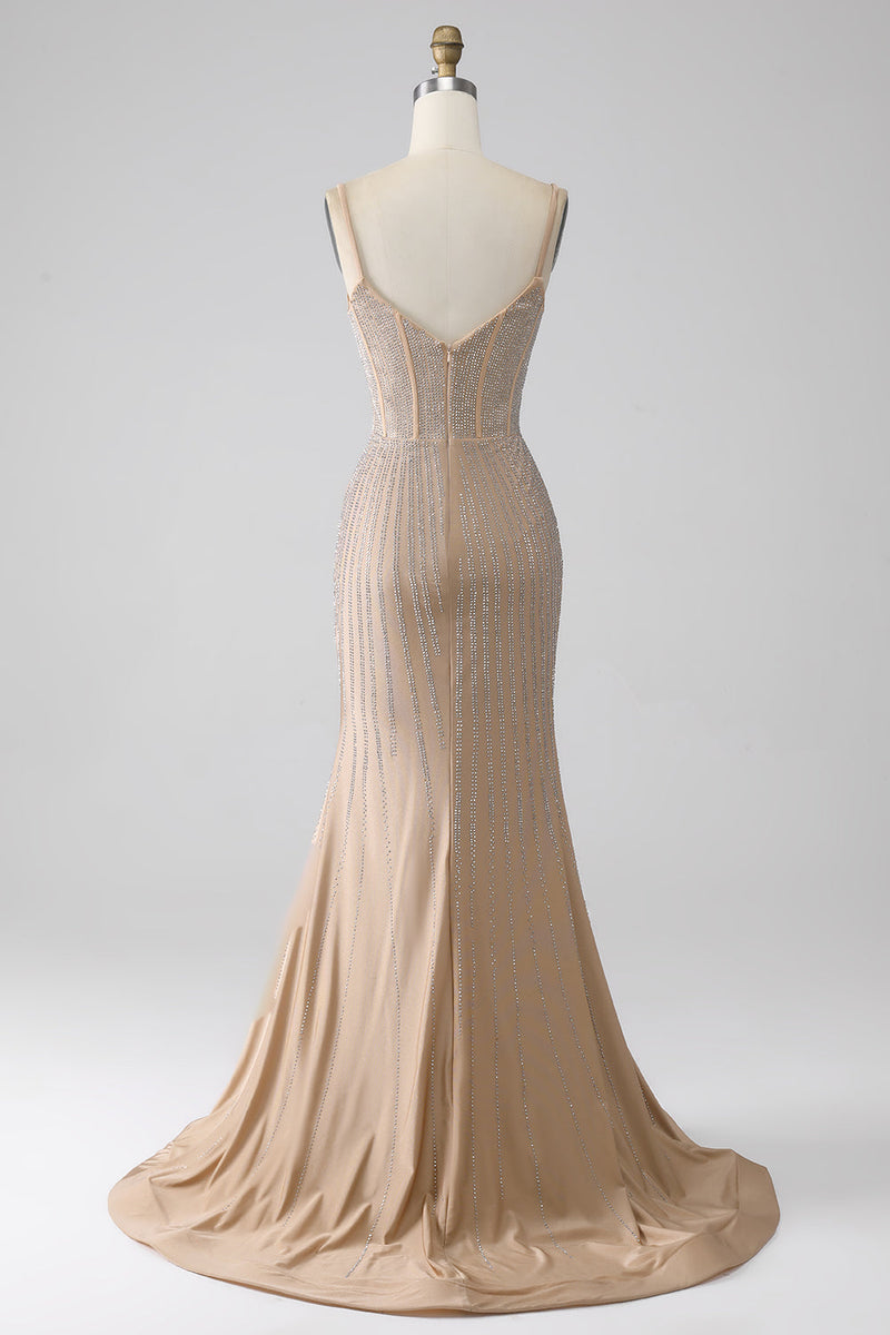 Afbeelding in Gallery-weergave laden, Sprankelende Champagne zeemeermin Spaghetti bandjes lange Prom jurk met split