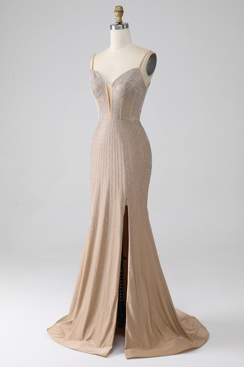 Afbeelding in Gallery-weergave laden, Sprankelende Champagne zeemeermin Spaghetti bandjes lange Prom jurk met split