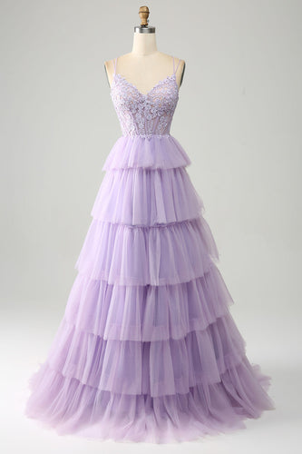 Lila Tulle gelaagde prinses korset Prom jurk met appliques