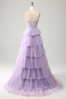 Lila Tulle gelaagde prinses korset Prom jurk met appliques