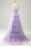 Lila Tulle gelaagde prinses korset Prom jurk met appliques