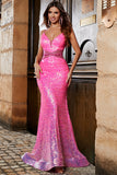 Hete roze Glitter zeemeermin Prom jurk met kralen taille