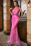 Hete roze Glitter zeemeermin Prom jurk met kralen taille