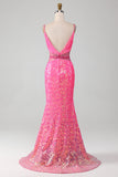 Hete roze spaghettibandjes Glitter zeemeermin Prom jurk met kralen taille