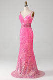 Hete roze spaghettibandjes Glitter zeemeermin Prom jurk met kralen taille