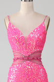 Hete roze spaghettibandjes Glitter zeemeermin Prom jurk met kralen taille