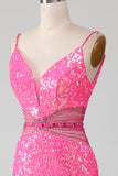 Hete roze spaghettibandjes Glitter zeemeermin Prom jurk met kralen taille