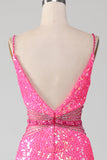 Hete roze spaghettibandjes Glitter zeemeermin Prom jurk met kralen taille