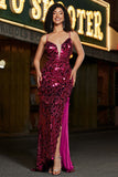 Spaghetti bandjes Hot Pink Sparkly zeemeermin pailletten lange Prom jurk met split