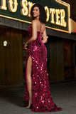 Spaghetti bandjes Hot Pink Sparkly zeemeermin pailletten lange Prom jurk met split