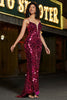 Afbeelding in Gallery-weergave laden, Spaghetti bandjes Hot Pink Sparkly zeemeermin pailletten lange Prom jurk met split