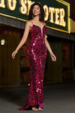 Spaghetti bandjes Hot Pink Sparkly zeemeermin pailletten lange Prom jurk met split