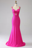 Sprankelende zeemeermin Hot Pink Prom jurk met Hollow-out