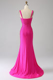 Sprankelende zeemeermin Hot Pink Prom jurk met Hollow-out