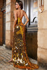 Afbeelding in Gallery-weergave laden, Gouden zeemeermin Halter Glitter Spiegel Prom Jurk Met Hoge Split