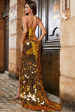 Gouden zeemeermin Halter Glitter Spiegel Prom Jurk Met Hoge Split